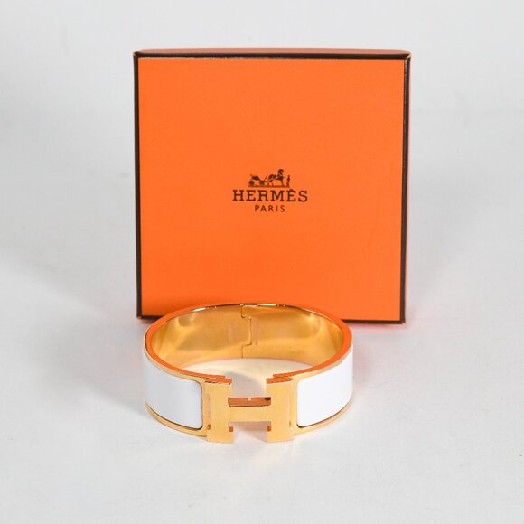 Hermès Clic Clac H bracelet white enamel gold plated 0.75" wide with Box - Picture 1 of 11